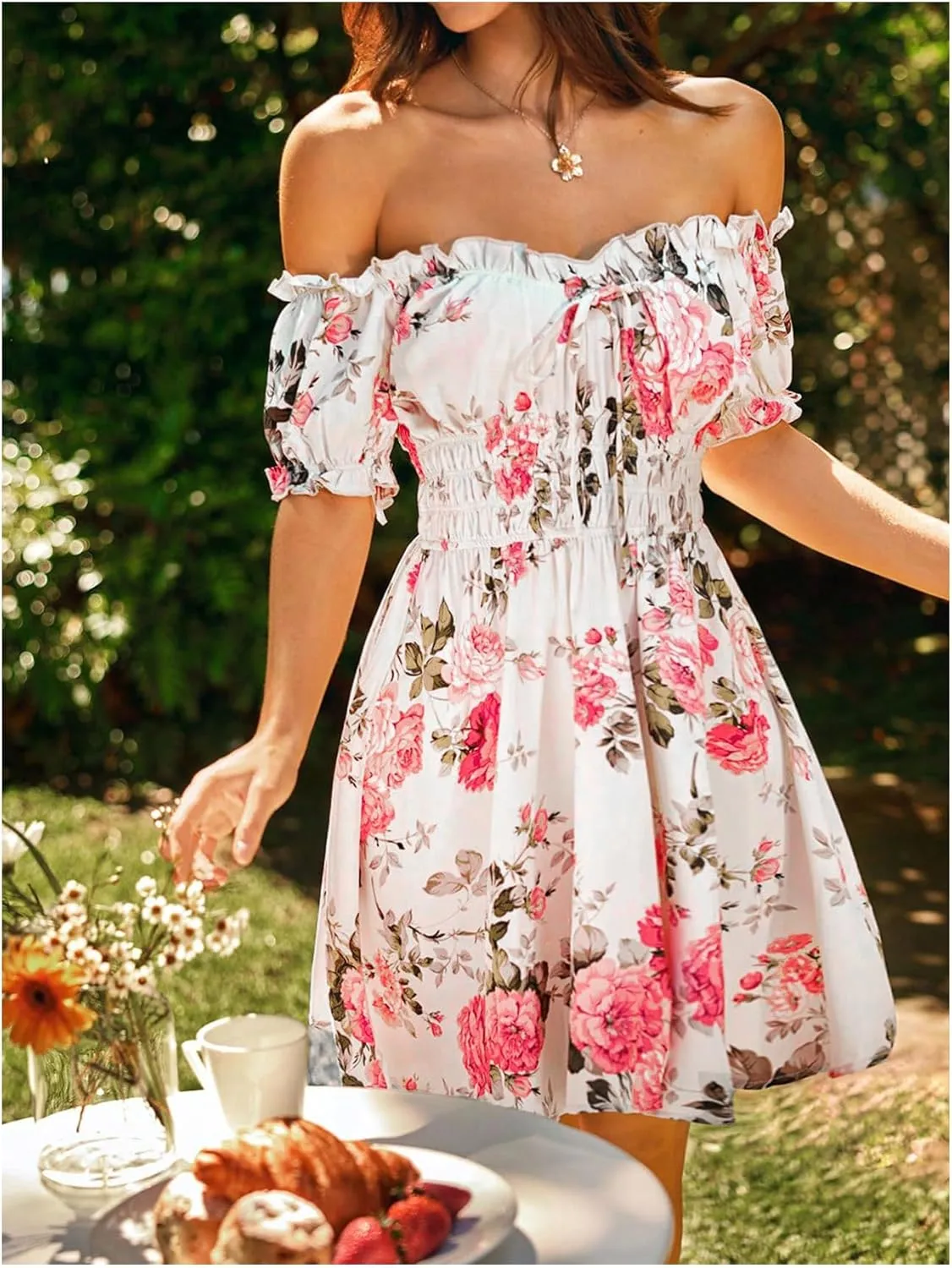Floerns Women's Floral Print Off Shoulder Ruffle Puff Sleeve Smocked Short Dress