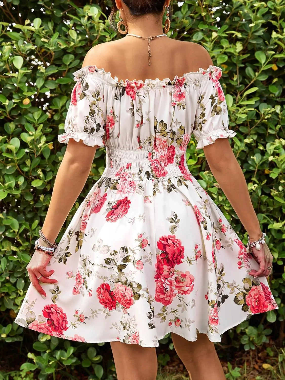 Floerns Women's Floral Print Off Shoulder Ruffle Puff Sleeve Smocked Short Dress