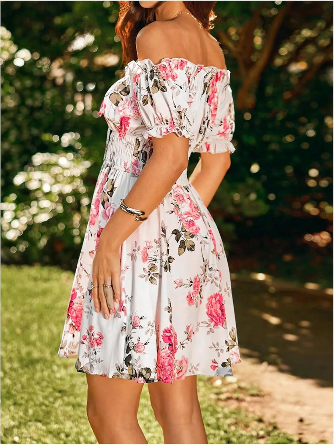 Floerns Women's Floral Print Off Shoulder Ruffle Puff Sleeve Smocked Short Dress
