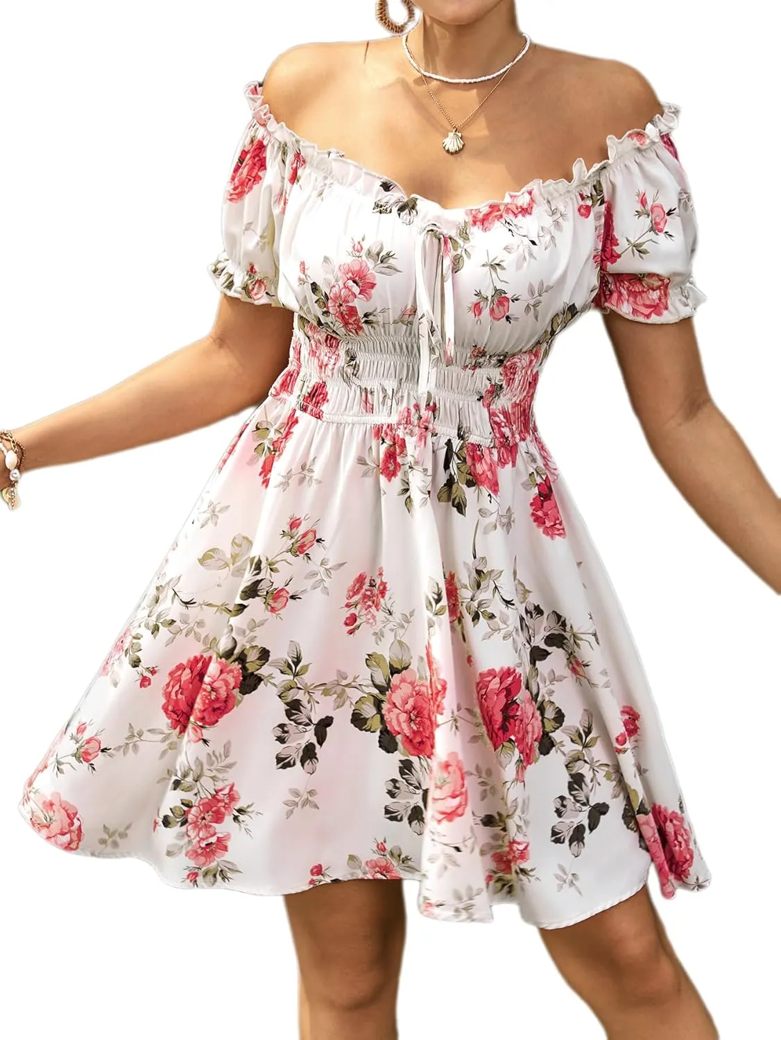 Floerns Women's Floral Print Off Shoulder Ruffle Puff Sleeve Smocked Short Dress