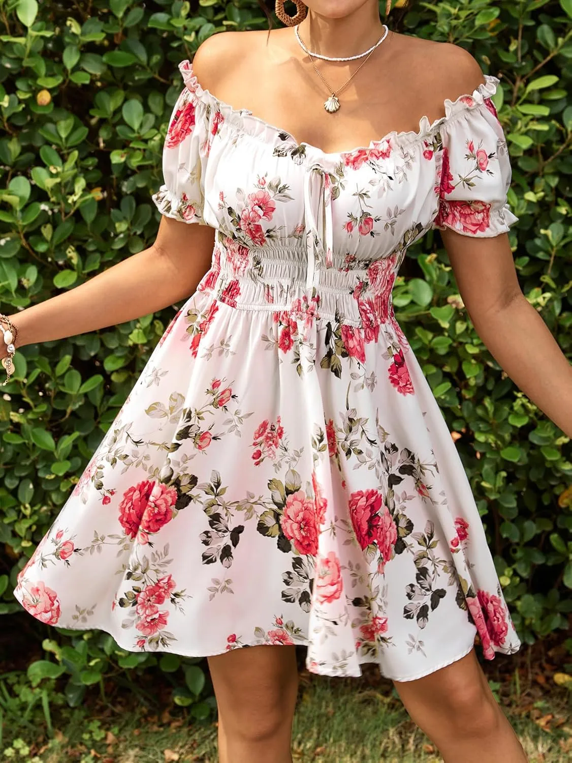 Floerns Women's Floral Print Off Shoulder Ruffle Puff Sleeve Smocked Short Dress