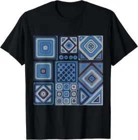 Geometric Squares Blue and White Mediterranean Pattern T-Shirt