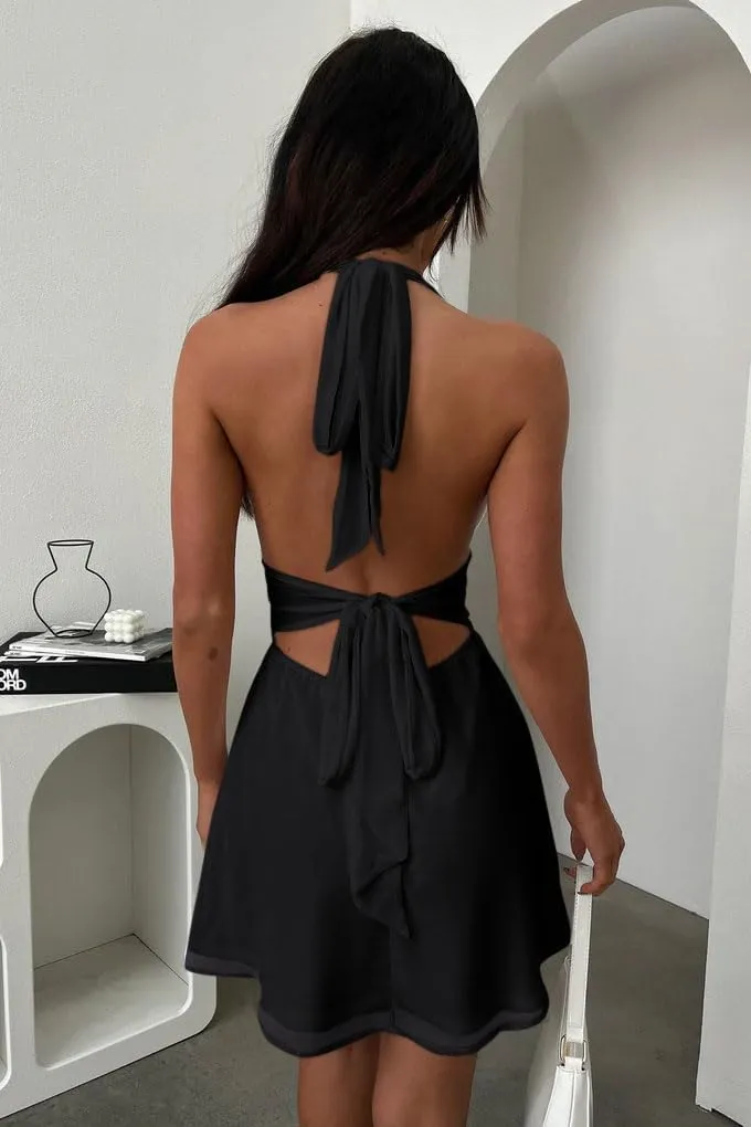 GOKATOSAU Women's Halter Deep V Neck Flowy Chiffon Bow Tie Backless Summer Mini Dress