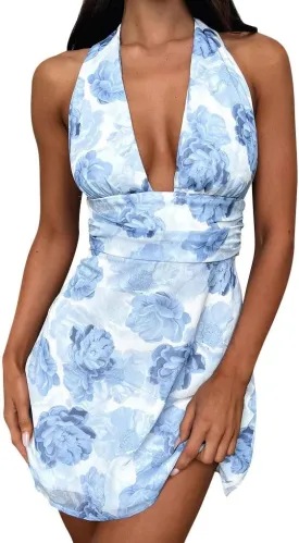 GOKATOSAU Women's Halter Deep V Neck Flowy Chiffon Bow Tie Backless Summer Mini Dress