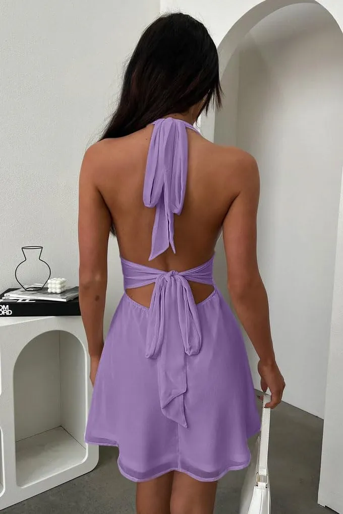 GOKATOSAU Women's Halter Deep V Neck Flowy Chiffon Bow Tie Backless Summer Mini Dress