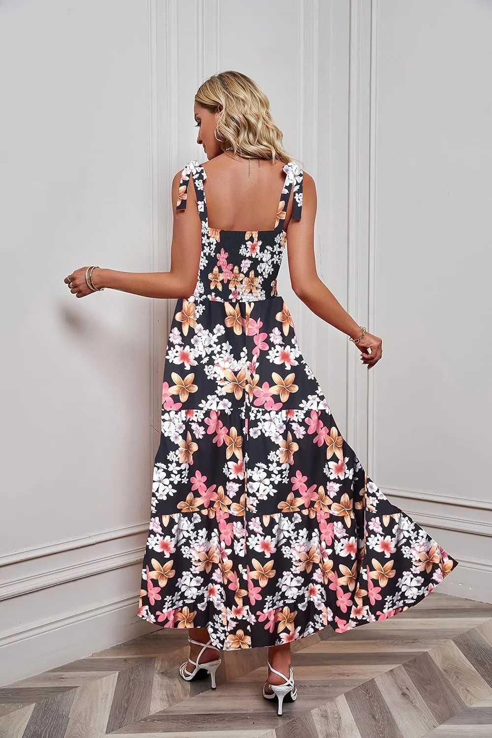 GOLDSTITCH Women's Summer Boho Spaghetti Strap Ruffle A Line Beach Long Maxi Dress