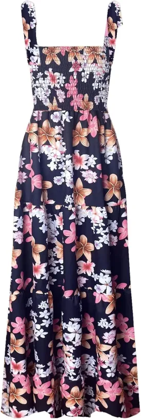 GOLDSTITCH Women's Summer Boho Spaghetti Strap Ruffle A Line Beach Long Maxi Dress