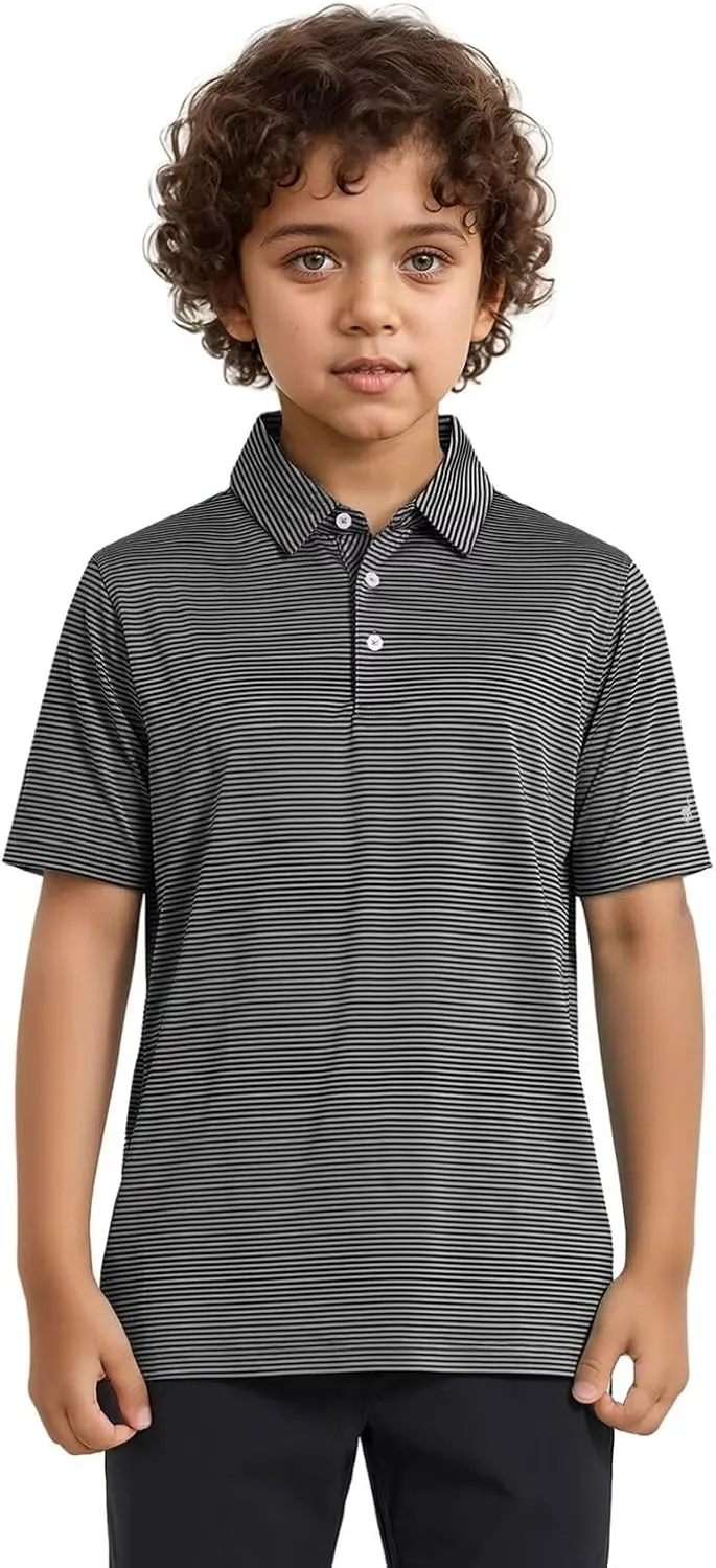 Golf Shirts for Boys Short Sleeve Moisture Wicking Dry Fit Performance Kids Youth Sport Striped Boys Polo Shirts
