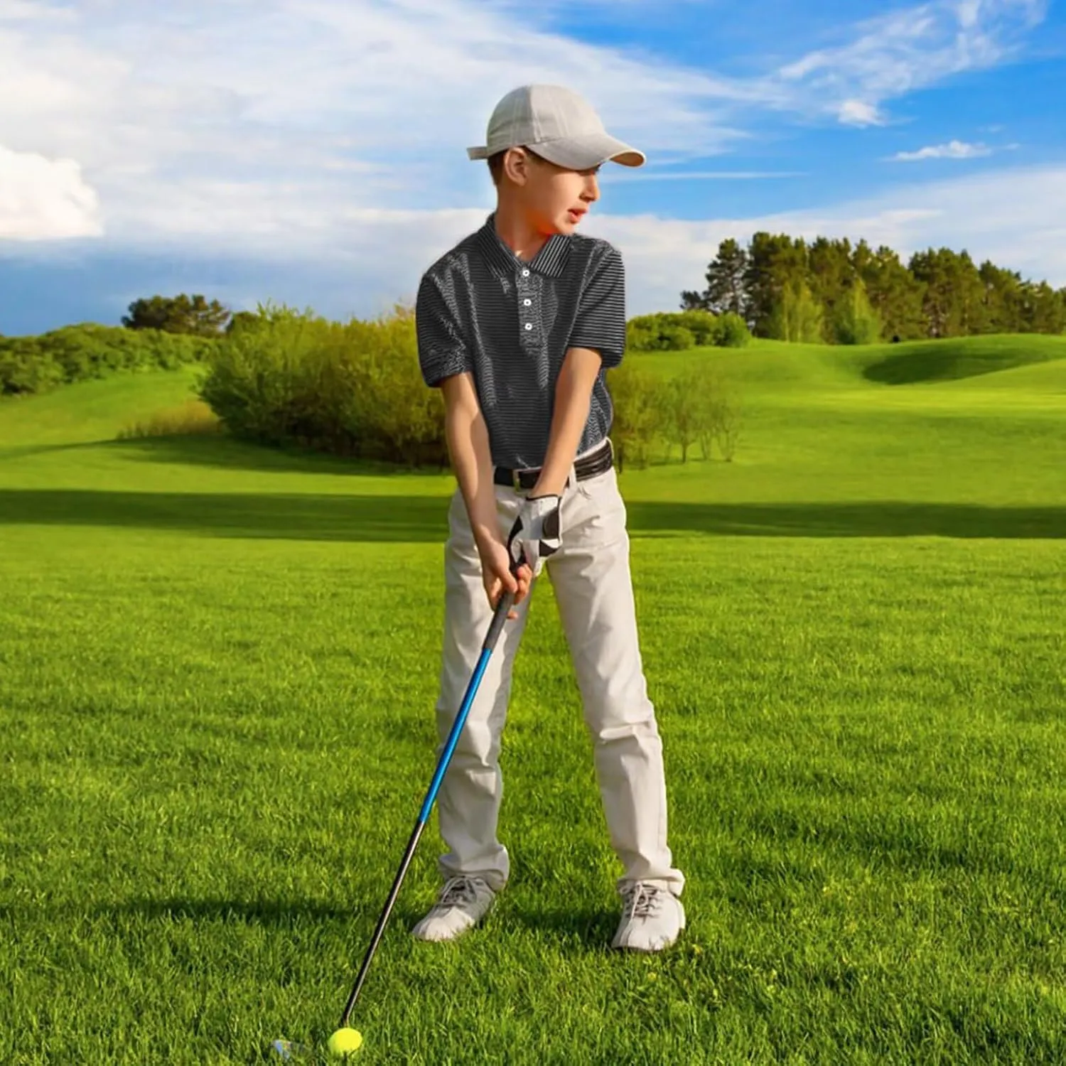 Golf Shirts for Boys Short Sleeve Moisture Wicking Dry Fit Performance Kids Youth Sport Striped Boys Polo Shirts