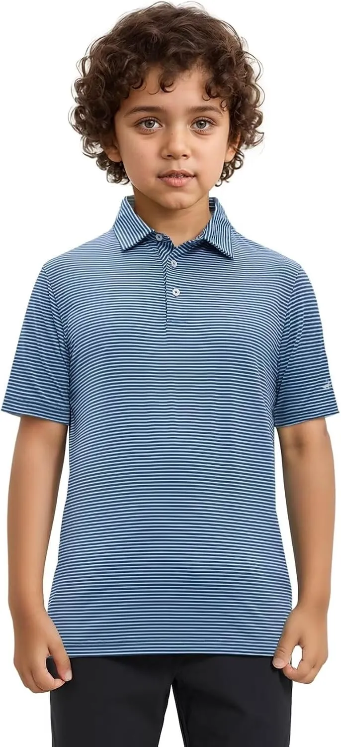 Golf Shirts for Boys Short Sleeve Moisture Wicking Dry Fit Performance Kids Youth Sport Striped Boys Polo Shirts