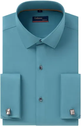 Gollnwe Men's Dress Shirt French Cuff Shirt for Men Slim Fit Stretch Spread Collar with Metal Cufflink