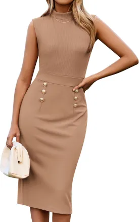 GRACE KARIN 2025 Summer Women's Lightweight Stretchy Business Work Dress Sleeveless Double Breasted Bodycon Midi Dress