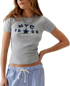Graphic Baby Tees for Women Y2K Short Sleeve Crewneck Vintage Aesthetic Crop Tops Teen Girls Cute Slim Fit T Shirts