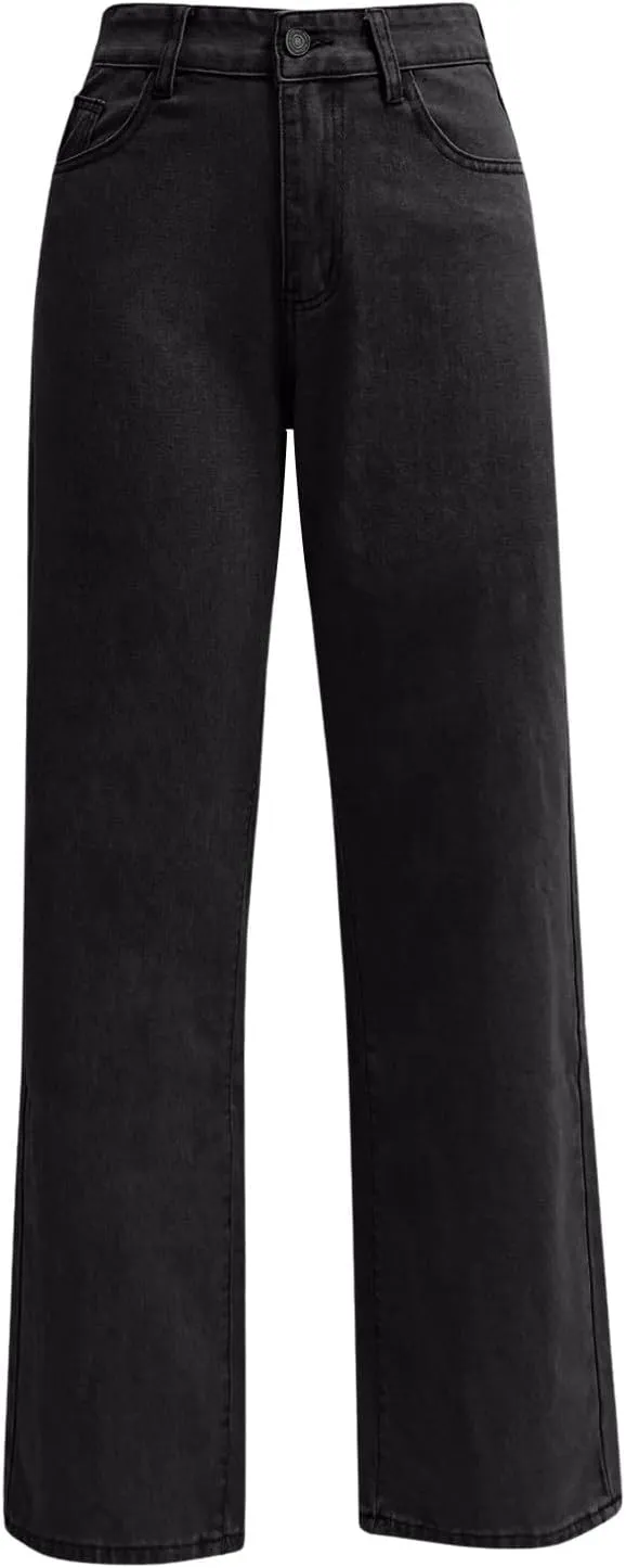 High Rise Jeans for Women Wide Leg Stretchy Pants Straight Leg Loose Denim Tummy Control Trousers with Pockets