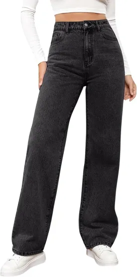 High Rise Jeans for Women Wide Leg Stretchy Pants Straight Leg Loose Denim Tummy Control Trousers with Pockets