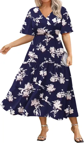 IN'VOLAND Plus Size Short Sleeve Dress for Women Summer Casual V Neck Floral Maxi Dresses with Pockets