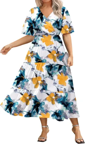 IN'VOLAND Plus Size Short Sleeve Dress for Women Summer Casual V Neck Floral Maxi Dresses with Pockets