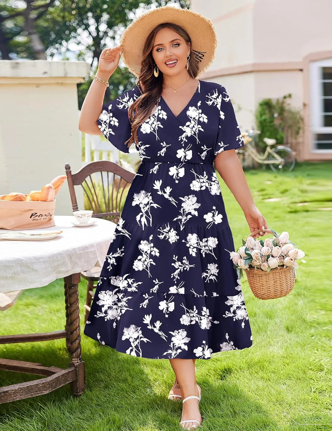 IN'VOLAND Plus Size Short Sleeve Dress for Women Summer Casual V Neck Floral Maxi Dresses with Pockets
