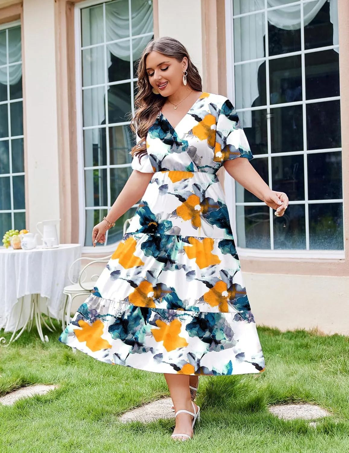 IN'VOLAND Plus Size Short Sleeve Dress for Women Summer Casual V Neck Floral Maxi Dresses with Pockets
