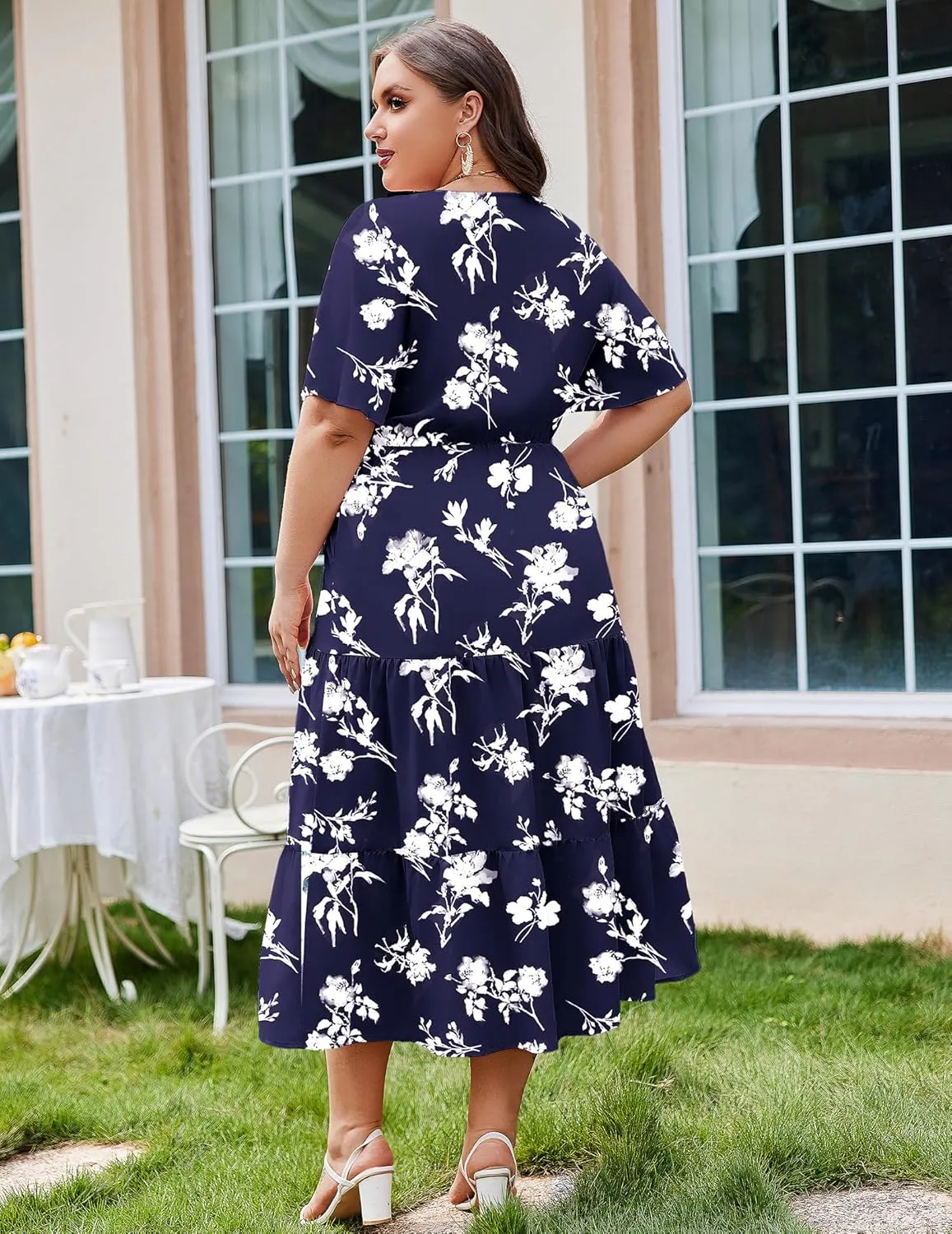 IN'VOLAND Plus Size Short Sleeve Dress for Women Summer Casual V Neck Floral Maxi Dresses with Pockets