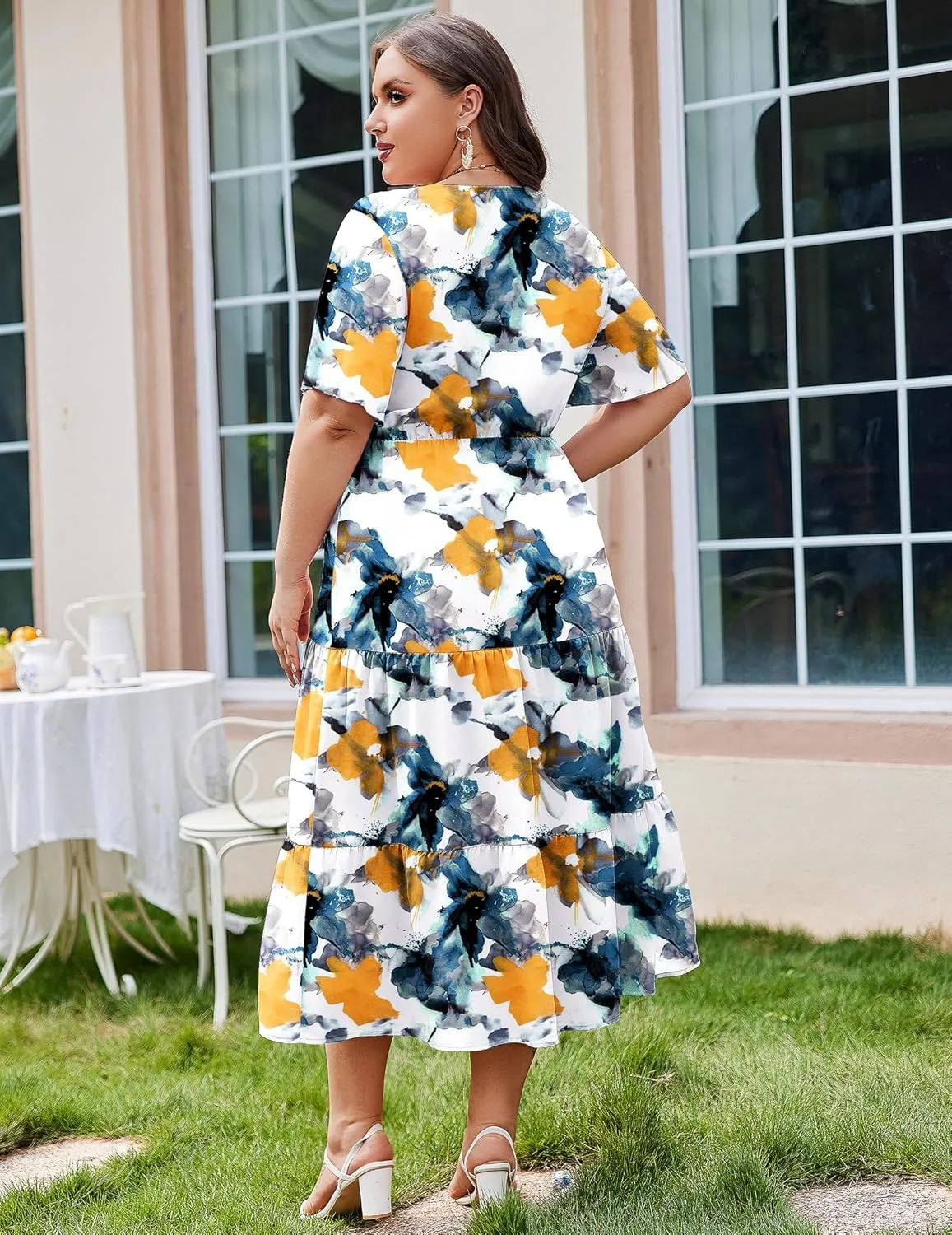 IN'VOLAND Plus Size Short Sleeve Dress for Women Summer Casual V Neck Floral Maxi Dresses with Pockets