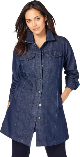 Jessica London Women's Plus Size Long Denim Jacket Oversized Jean Jacket