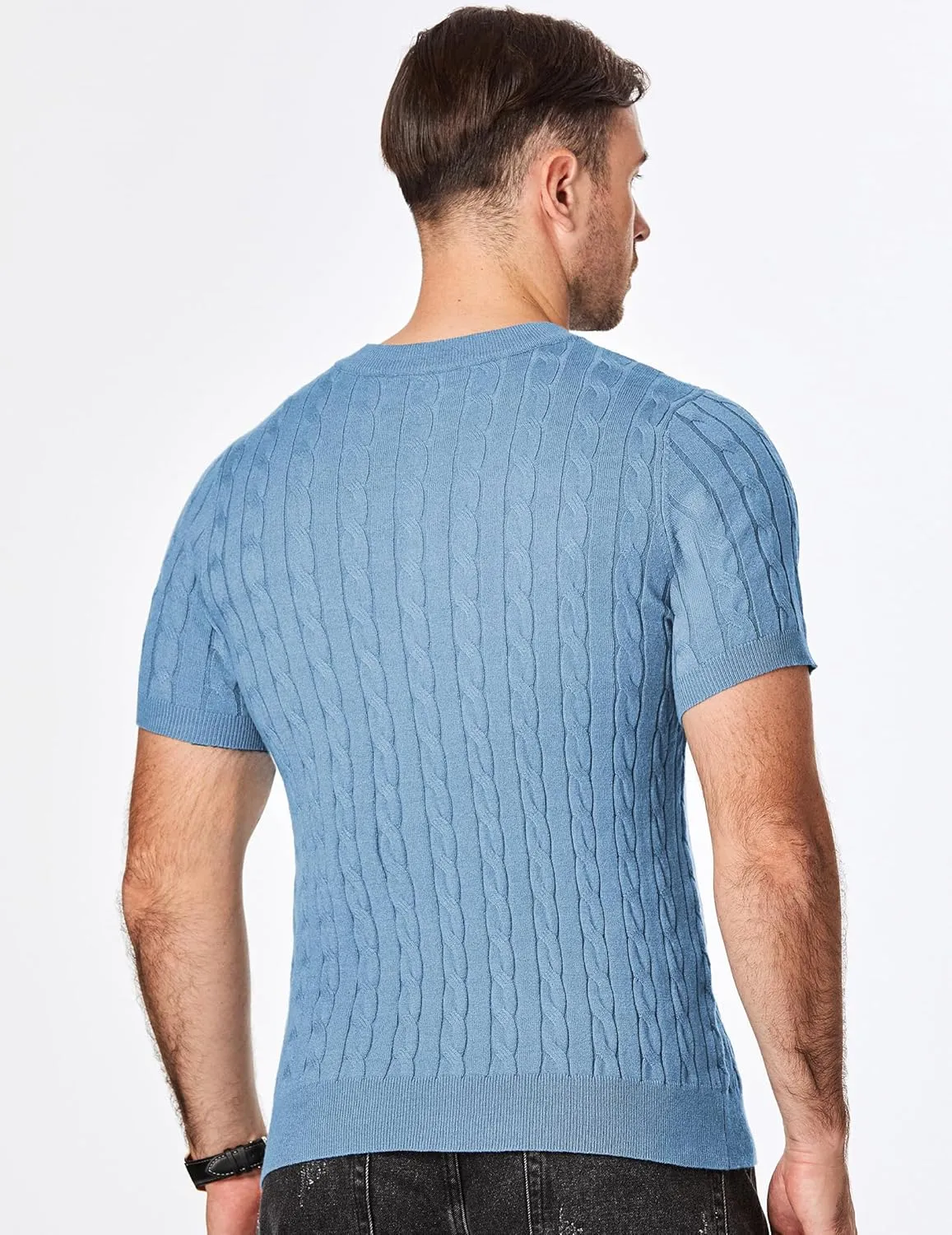 JMIERR Men's Knit Henley Shirts Casual Short Sleeve Button T-Shirt Cable Knitted Polo Shirts Golf Shirt
