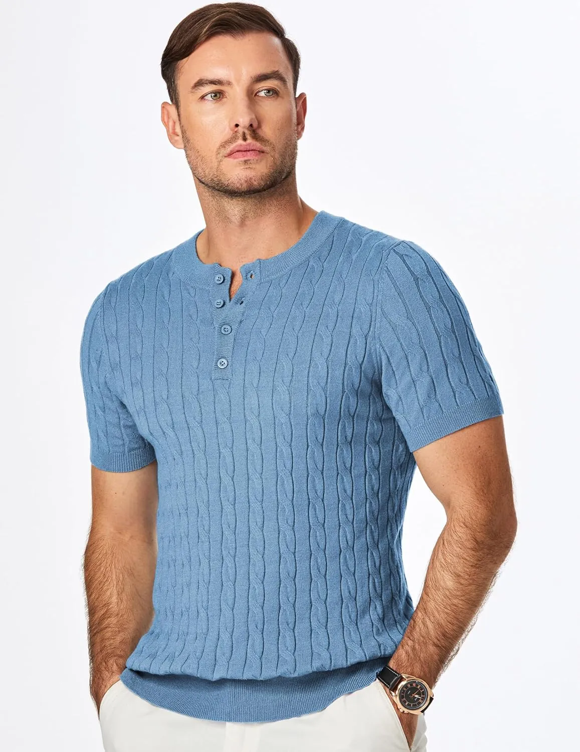 JMIERR Men's Knit Henley Shirts Casual Short Sleeve Button T-Shirt Cable Knitted Polo Shirts Golf Shirt