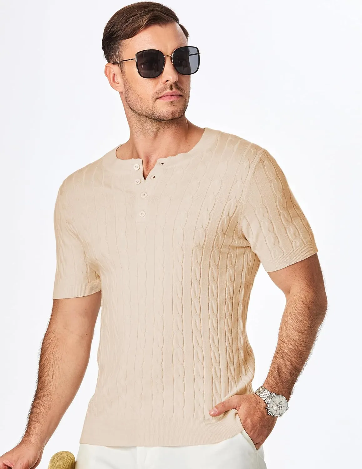 JMIERR Men's Knit Henley Shirts Casual Short Sleeve Button T-Shirt Cable Knitted Polo Shirts Golf Shirt