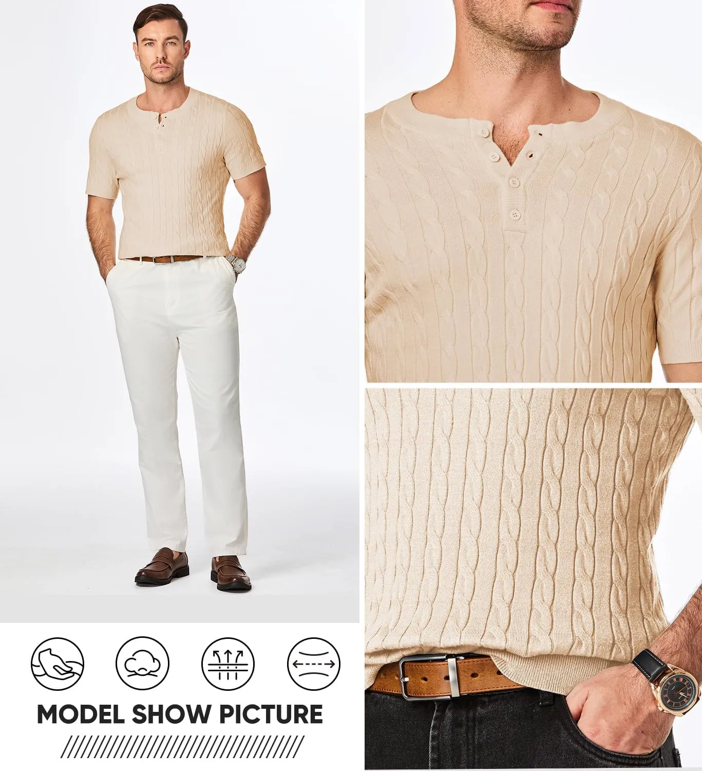 JMIERR Men's Knit Henley Shirts Casual Short Sleeve Button T-Shirt Cable Knitted Polo Shirts Golf Shirt