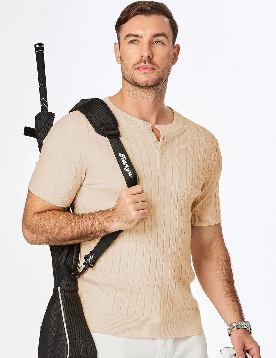 JMIERR Men's Knit Henley Shirts Casual Short Sleeve Button T-Shirt Cable Knitted Polo Shirts Golf Shirt