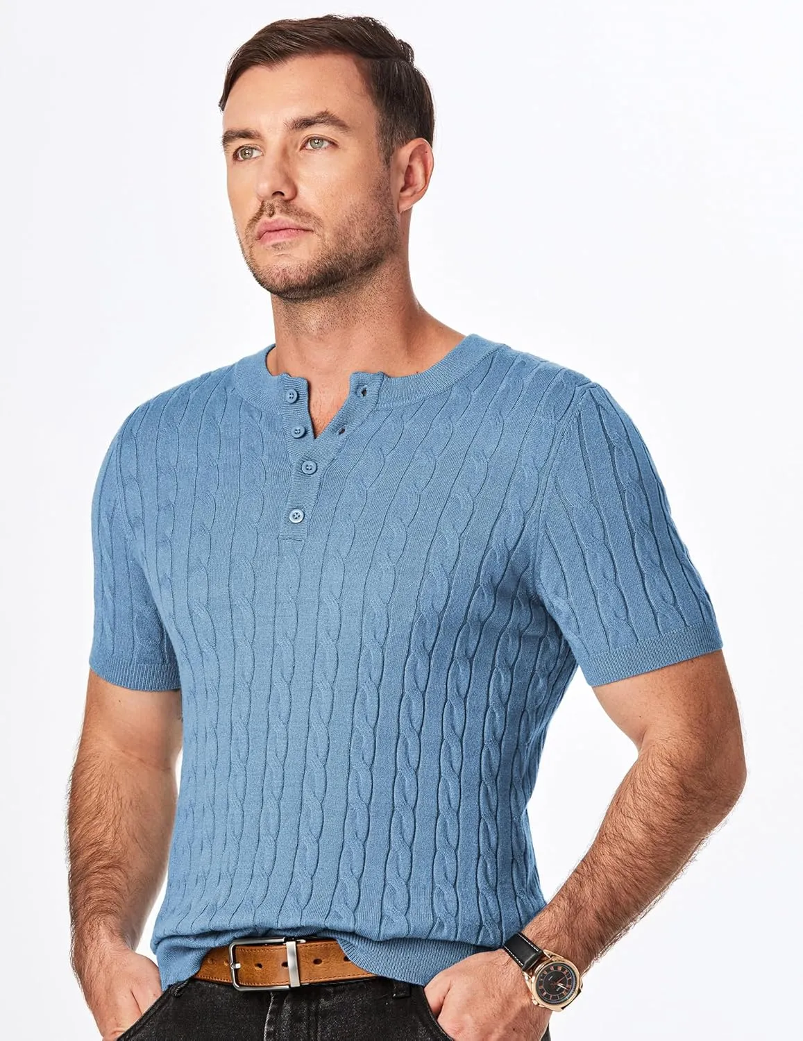 JMIERR Men's Knit Henley Shirts Casual Short Sleeve Button T-Shirt Cable Knitted Polo Shirts Golf Shirt