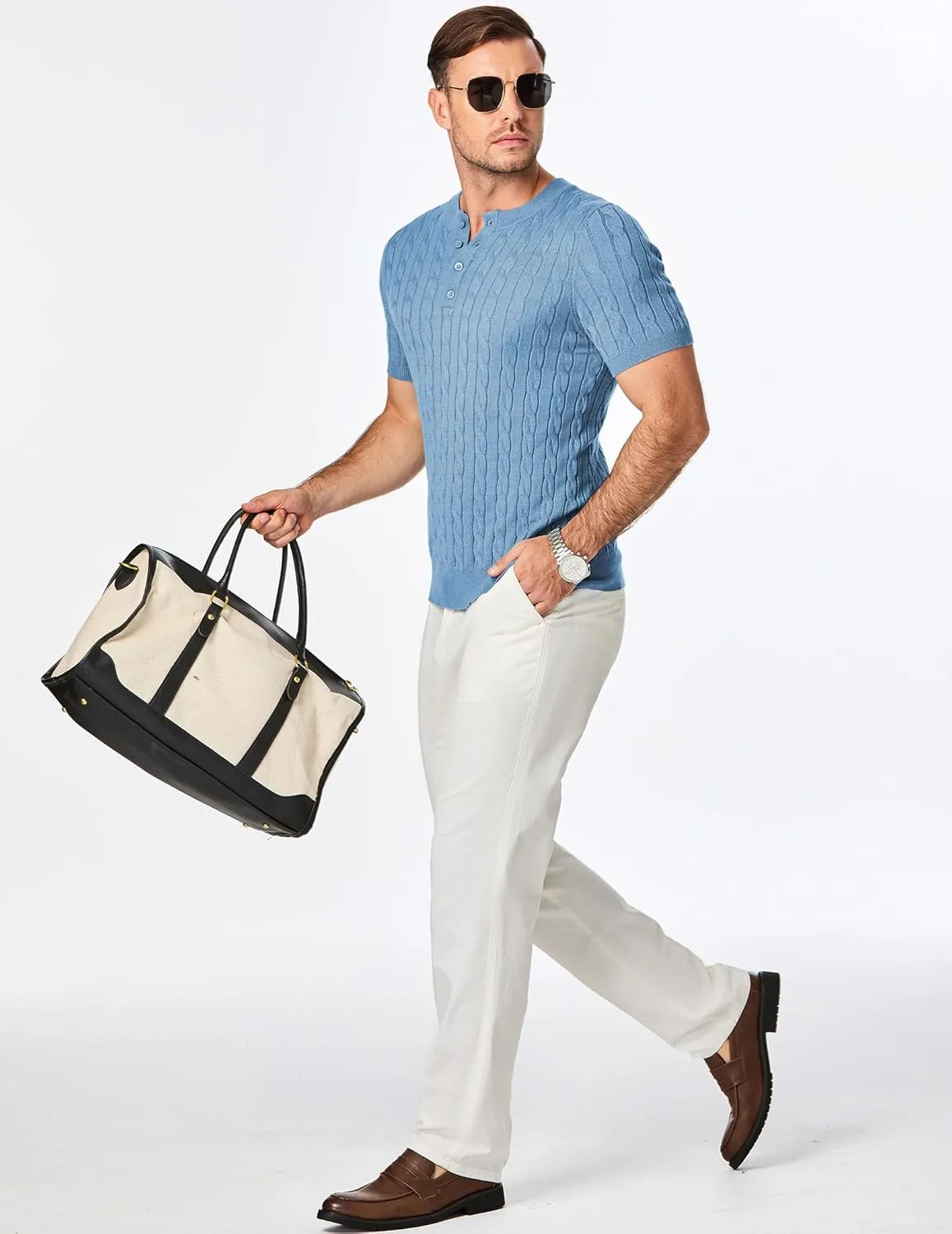 JMIERR Men's Knit Henley Shirts Casual Short Sleeve Button T-Shirt Cable Knitted Polo Shirts Golf Shirt