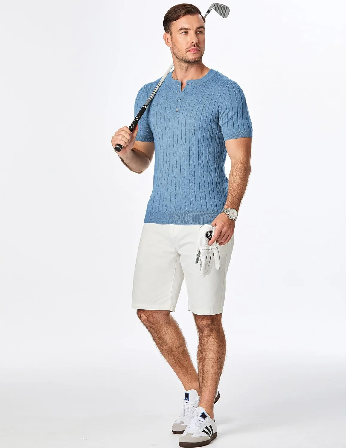 JMIERR Men's Knit Henley Shirts Casual Short Sleeve Button T-Shirt Cable Knitted Polo Shirts Golf Shirt