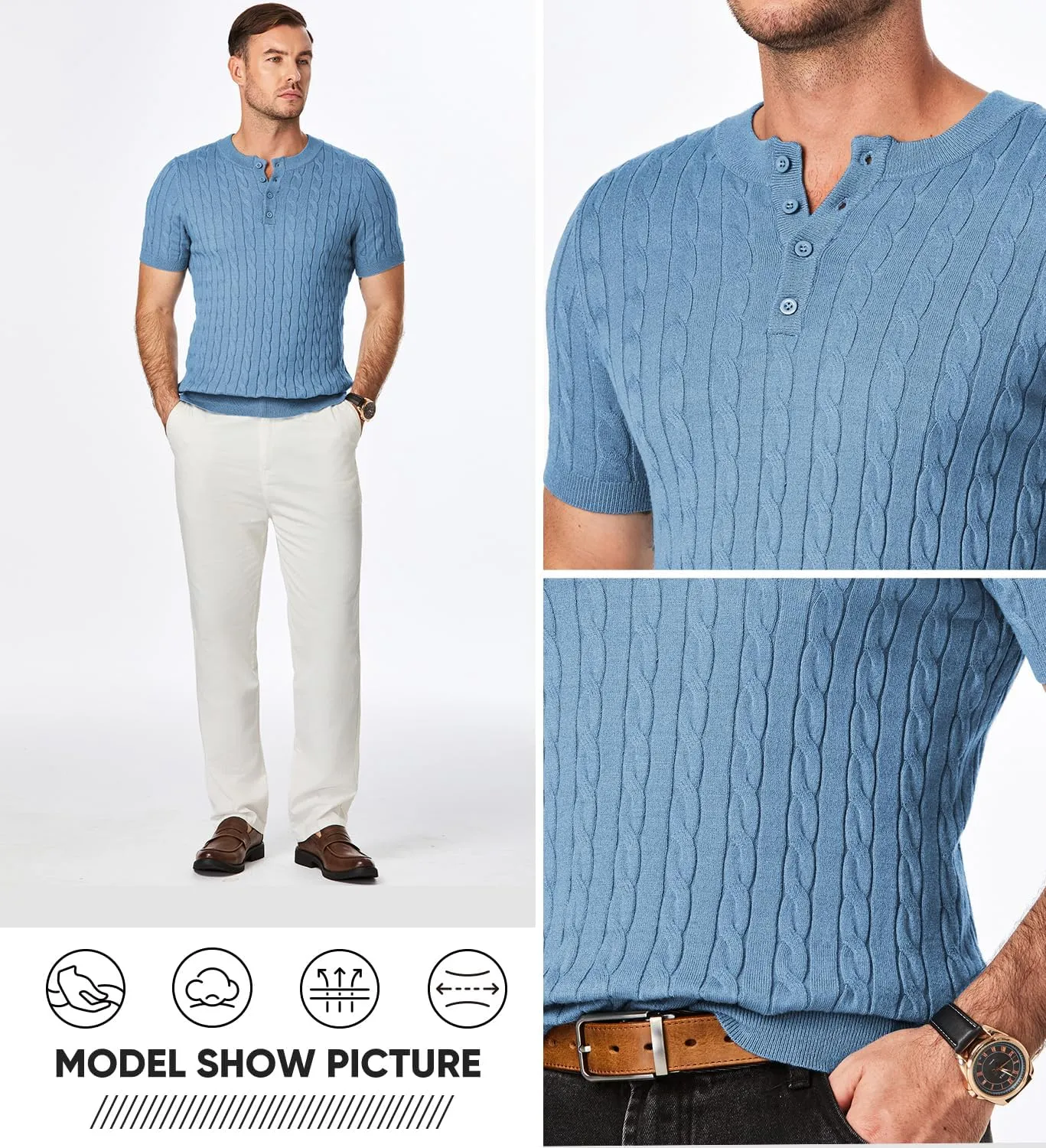 JMIERR Men's Knit Henley Shirts Casual Short Sleeve Button T-Shirt Cable Knitted Polo Shirts Golf Shirt