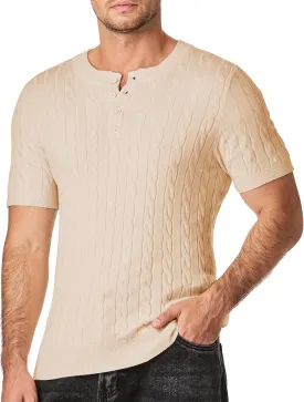 JMIERR Men's Knit Henley Shirts Casual Short Sleeve Button T-Shirt Cable Knitted Polo Shirts Golf Shirt