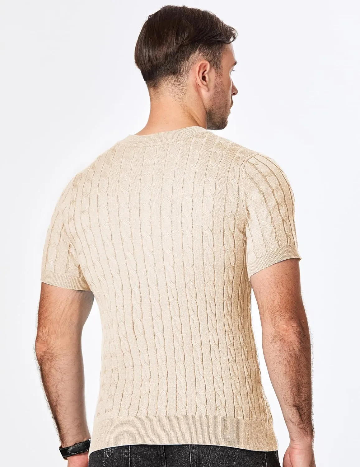 JMIERR Men's Knit Henley Shirts Casual Short Sleeve Button T-Shirt Cable Knitted Polo Shirts Golf Shirt
