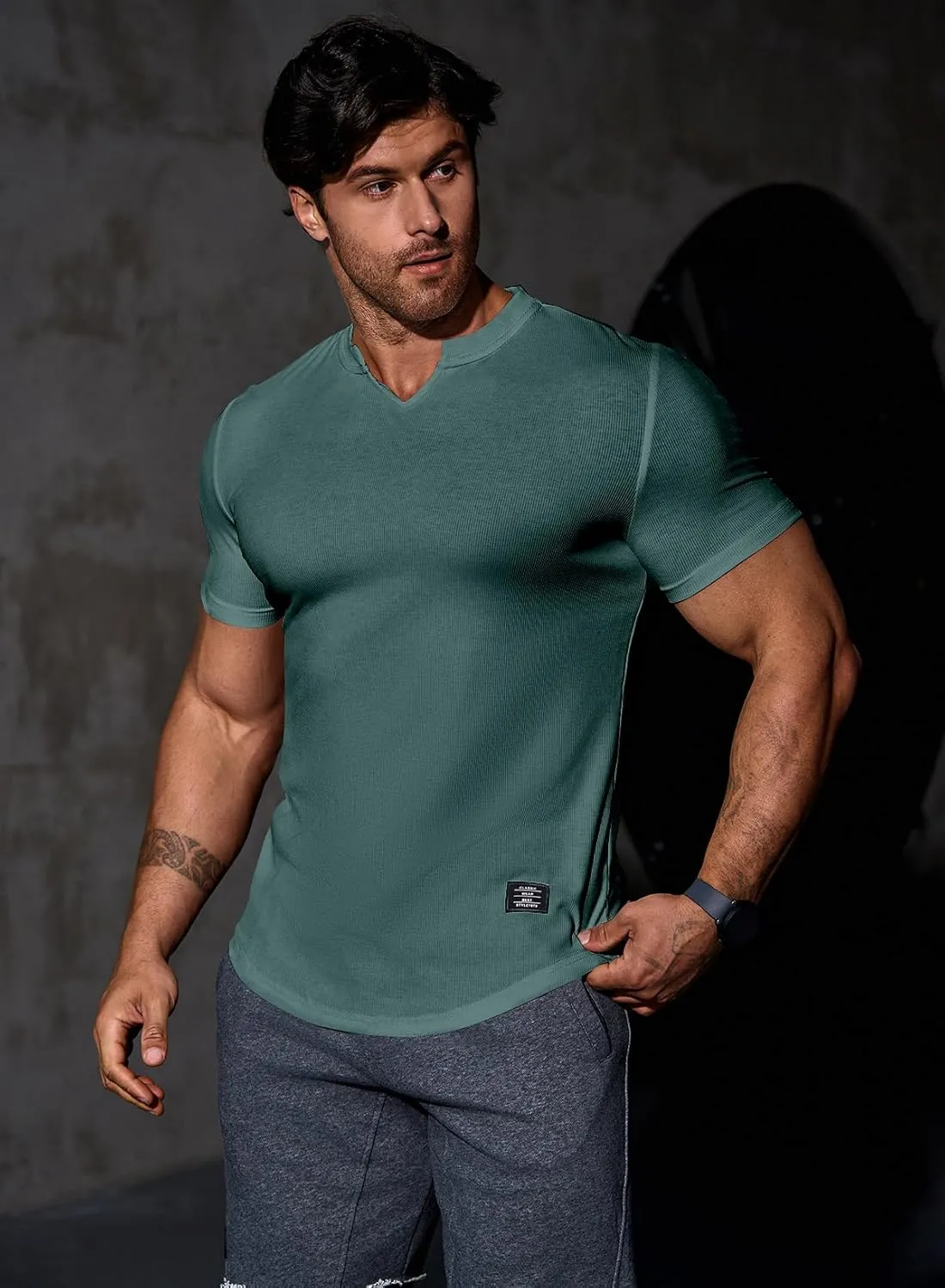 JMIERR Mens Muscle Slim T Shirt V-Neck Longline Henley Shirt Gym Workout Athletic Tee Shirts