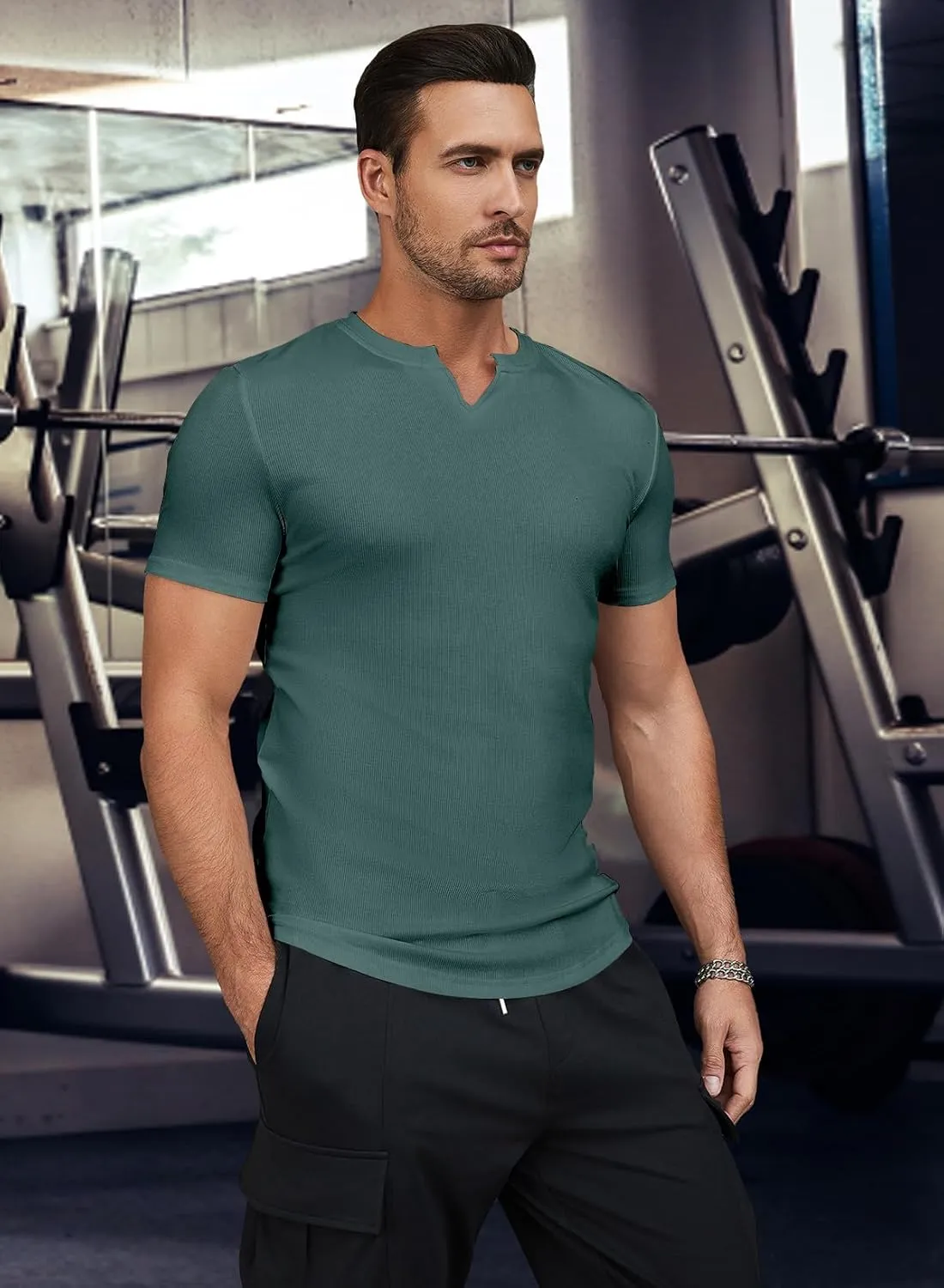 JMIERR Mens Muscle Slim T Shirt V-Neck Longline Henley Shirt Gym Workout Athletic Tee Shirts