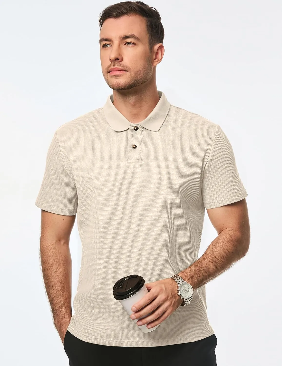 JMIERR Men's Waffle Polo Shirts Summer Casual Short Sleeve T-Shirt Button Up Solid Color Henley Shirts