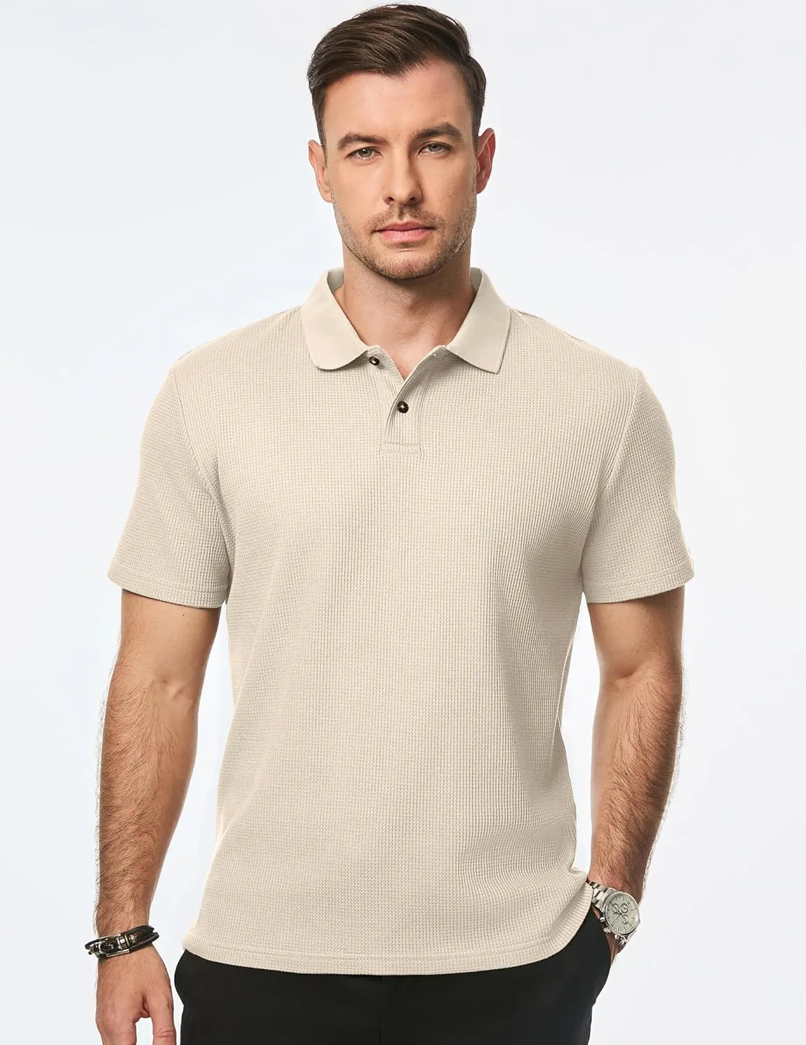 JMIERR Men's Waffle Polo Shirts Summer Casual Short Sleeve T-Shirt Button Up Solid Color Henley Shirts