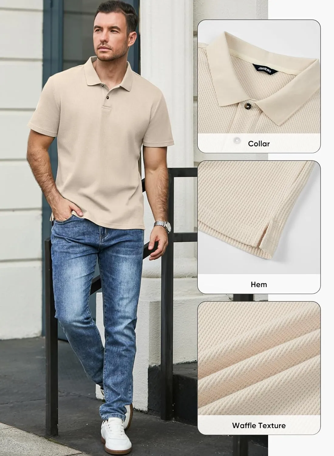 JMIERR Men's Waffle Polo Shirts Summer Casual Short Sleeve T-Shirt Button Up Solid Color Henley Shirts