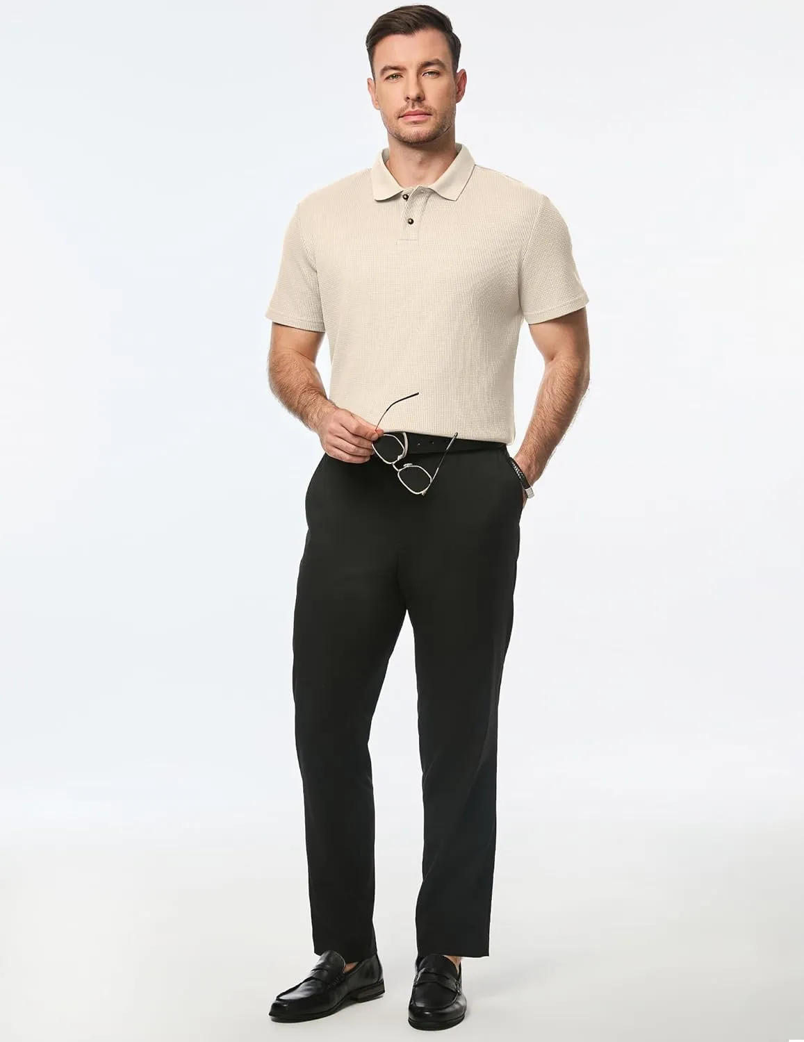 JMIERR Men's Waffle Polo Shirts Summer Casual Short Sleeve T-Shirt Button Up Solid Color Henley Shirts