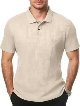 JMIERR Men's Waffle Polo Shirts Summer Casual Short Sleeve T-Shirt Button Up Solid Color Henley Shirts