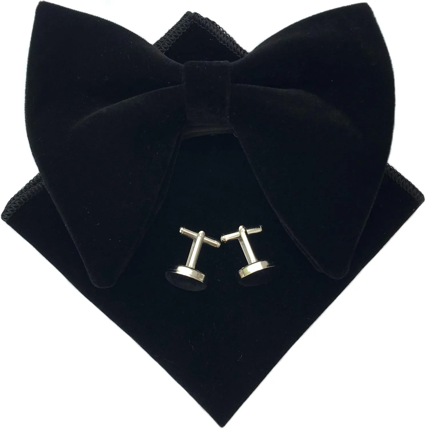 Justar Mens Pre-Tied Bow Tie Tuxedo Oversized Velvet Bowtie Cufflinks Hankie Combo Sets