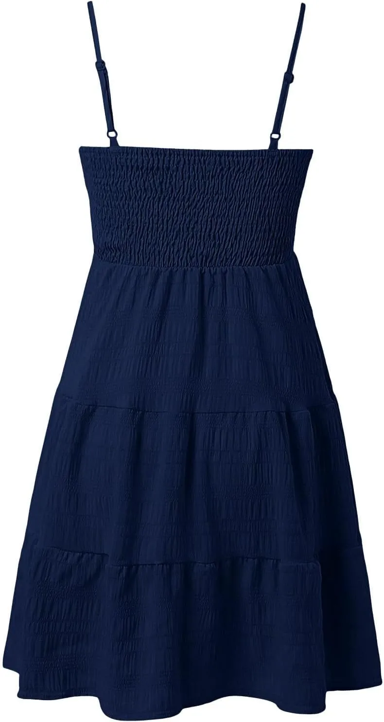 Kenvina Mini Sundresses for Women Smocked Square Neck Spaghetti Strap Skater Dress Summer Loose Comfy Tiered Ruffle Dress