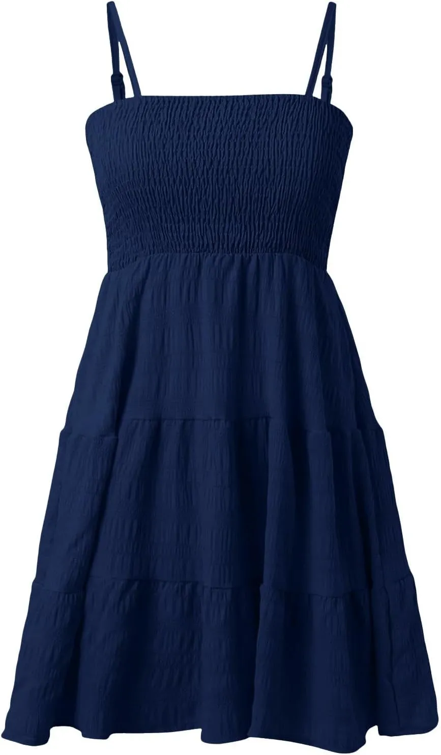 Kenvina Mini Sundresses for Women Smocked Square Neck Spaghetti Strap Skater Dress Summer Loose Comfy Tiered Ruffle Dress