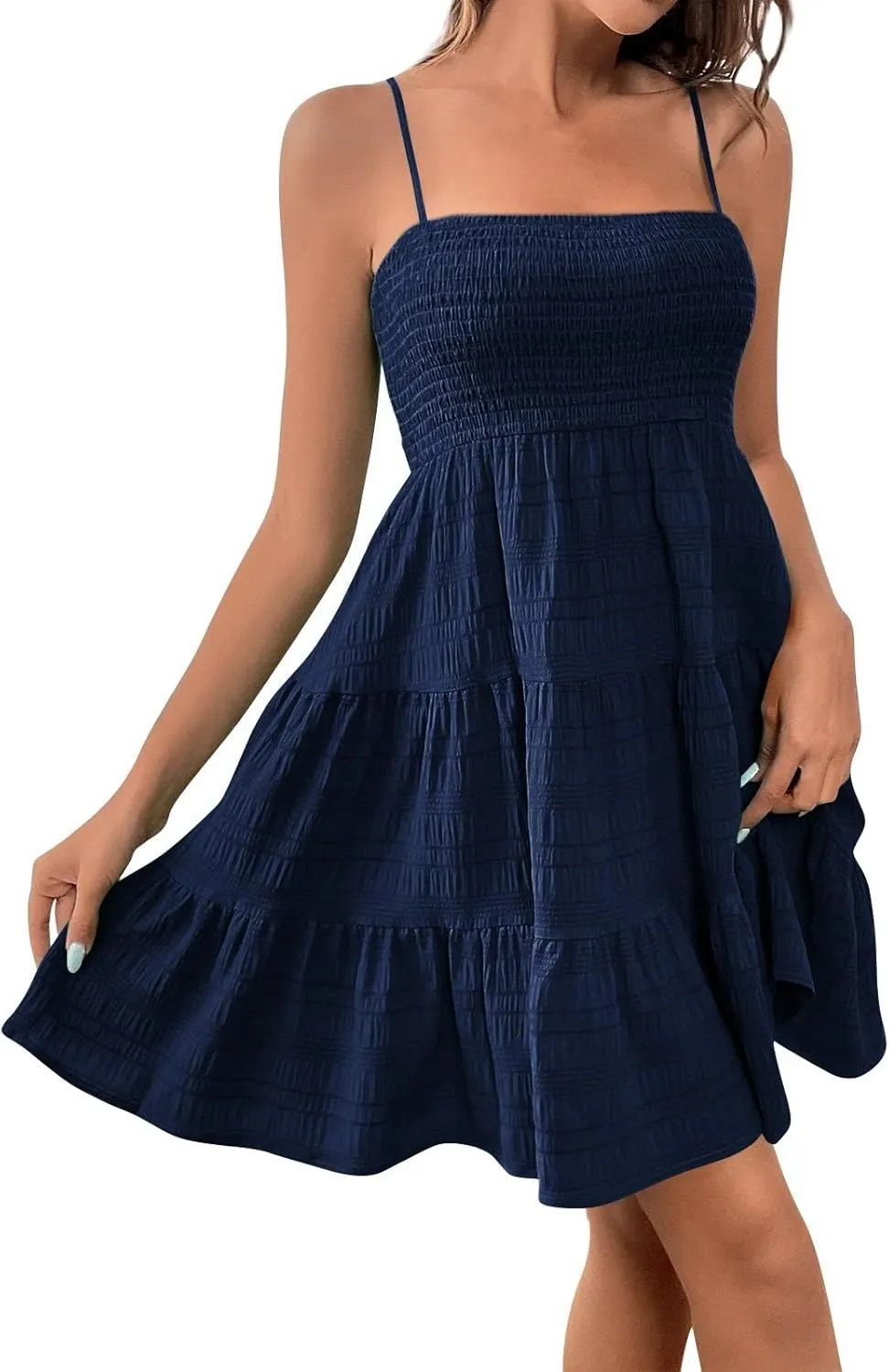 Kenvina Mini Sundresses for Women Smocked Square Neck Spaghetti Strap Skater Dress Summer Loose Comfy Tiered Ruffle Dress