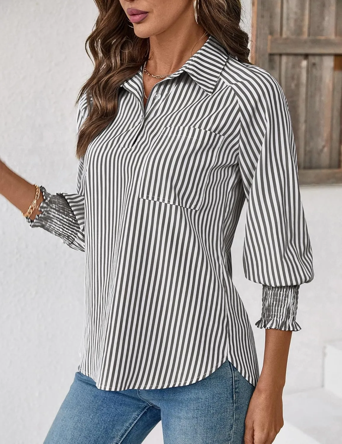 Kistore Womens Button Down Shirts 3/4 Sleeve Smocked Cuffed Business Work Tunic Top with Pocket Collared Blouses