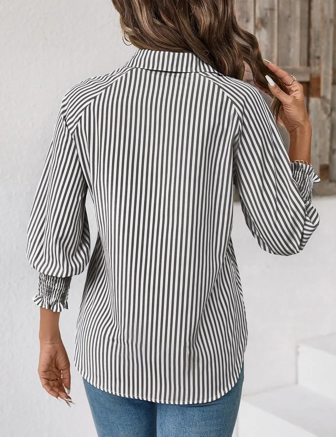 Kistore Womens Button Down Shirts 3/4 Sleeve Smocked Cuffed Business Work Tunic Top with Pocket Collared Blouses